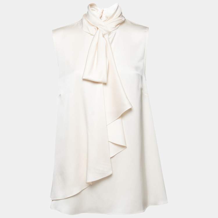 Pre Owned Alexander McQueen White Satin Silk Draped Sleeveless Top M