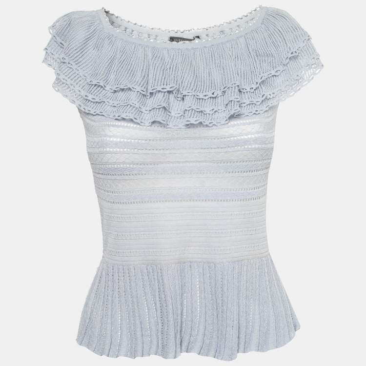 مملوكة مسبقًا Alexander McQueen Blue Pointelle Knit Ruffle Trimmed Top S 