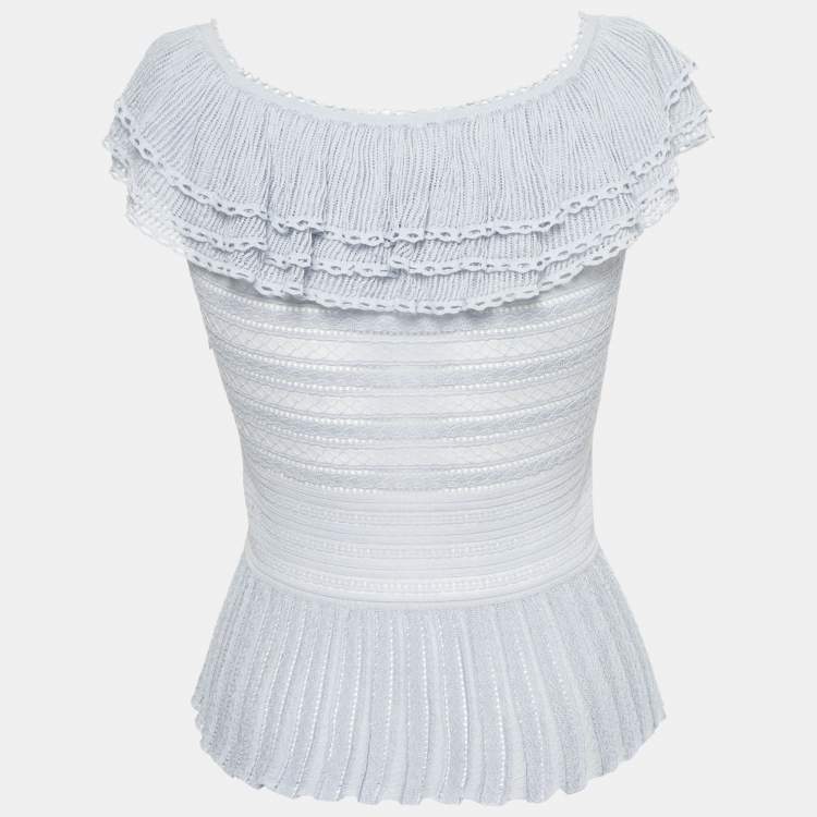 مملوكة مسبقًا Alexander McQueen Blue Pointelle Knit Ruffle Trimmed Top S 