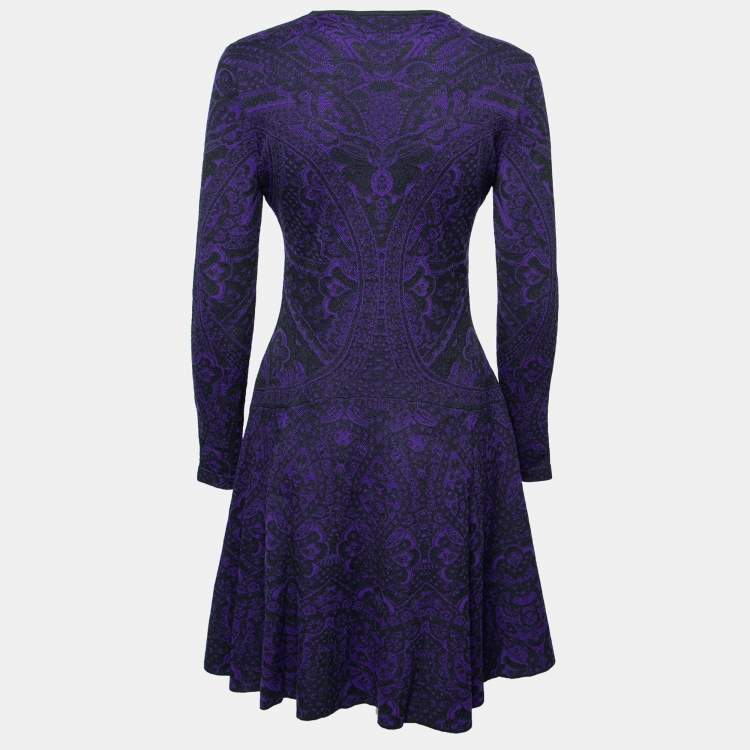Pre Owned Alexander McQueen Blue & Black Jacquard Knit Round Neck Dress M
