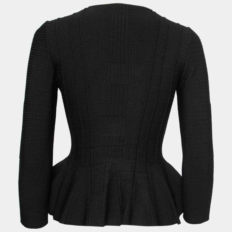 Pre Owned Alexander McQueen Black Stretch-Knit Zip-Front Peplum Top S 