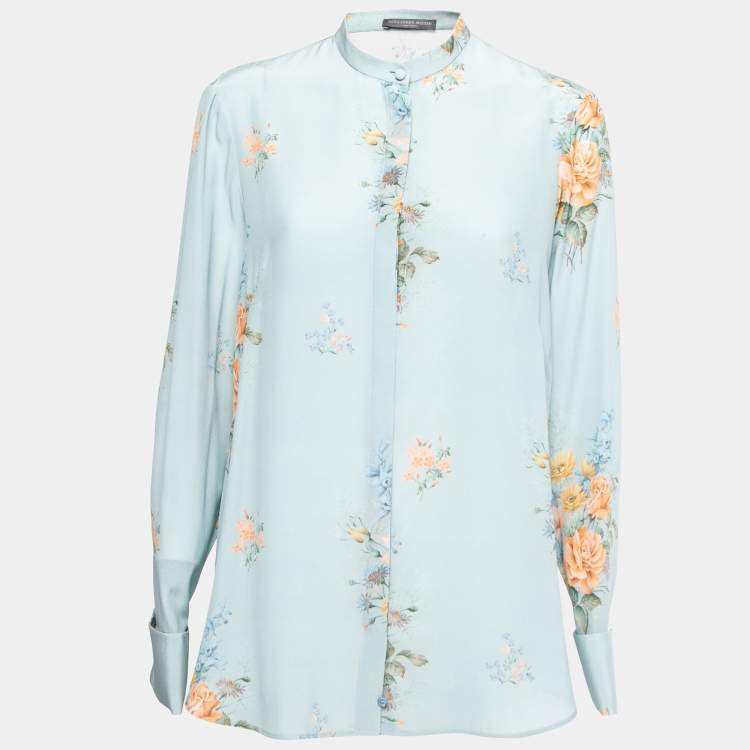 Pre Owned Alexander McQueen Blue Floral Printed Silk Mandarin Collar Blouse M