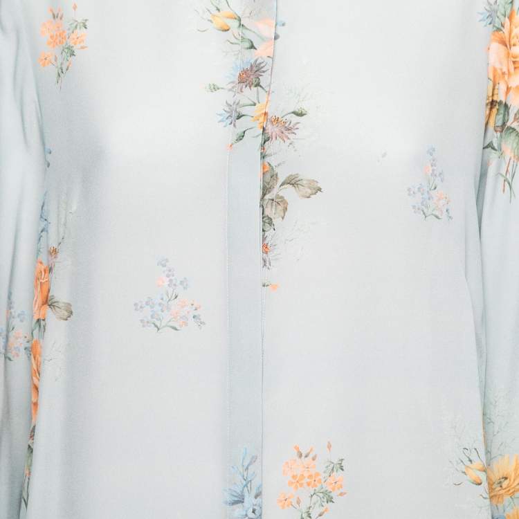 Pre Owned Alexander McQueen Blue Floral Printed Silk Mandarin Collar Blouse M