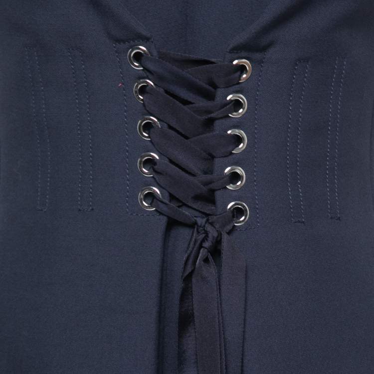 Pre Owned Alexander McQueen Blue Crepe & Denim Contrast Lace Up Dress M