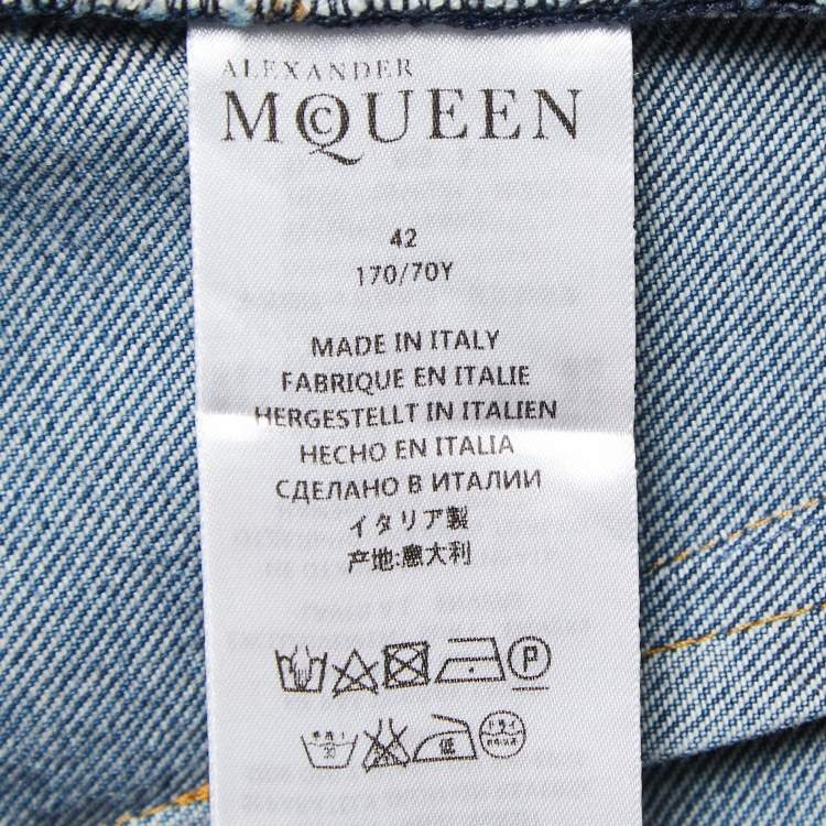 Pre Owned Alexander McQueen Blue Denim Ripped Straight Leg Jeans M Waist 32"