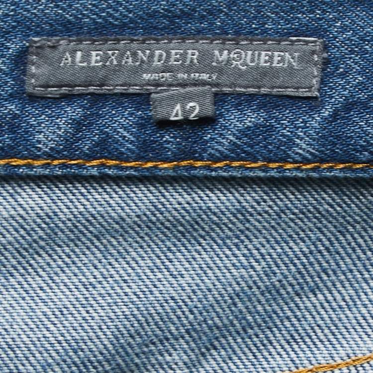 Pre Owned Alexander McQueen Blue Denim Ripped Straight Leg Jeans M Waist 32"