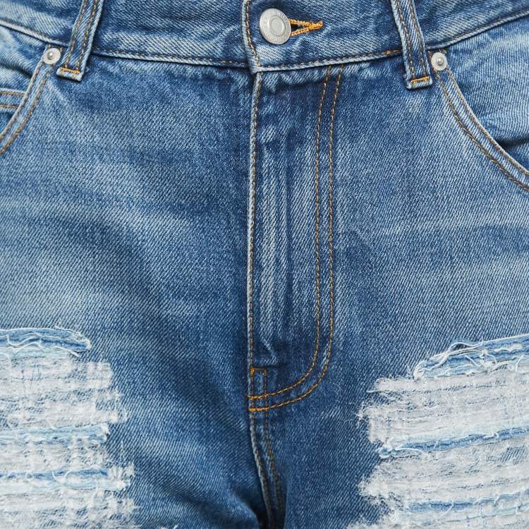 Pre Owned Alexander McQueen Blue Denim Ripped Straight Leg Jeans M Waist 32"