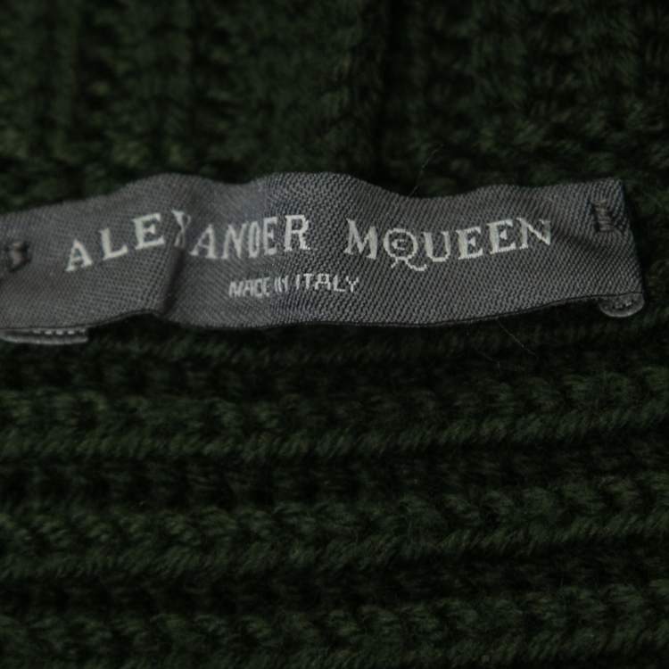 Pre Owned Alexander McQueen Dark Green Wool Cable Knit Shawl Neck Button Front Sweater M