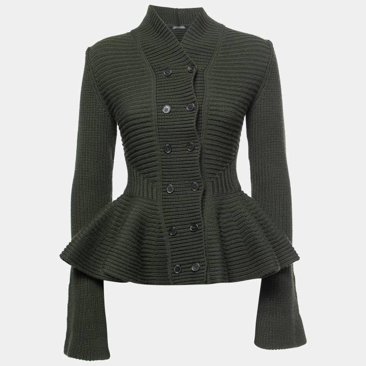 Pre Owned Alexander McQueen Dark Green Wool Cable Knit Shawl Neck Button Front Sweater M