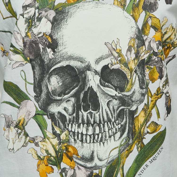 Pre Owned Alexander McQueen White Cotton Floral Skull Print T-Shirt L