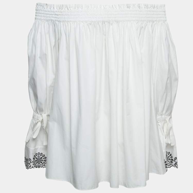 Pre Owned Alexander McQueen White Cotton Off Shoulder Lace Trim Blouse M