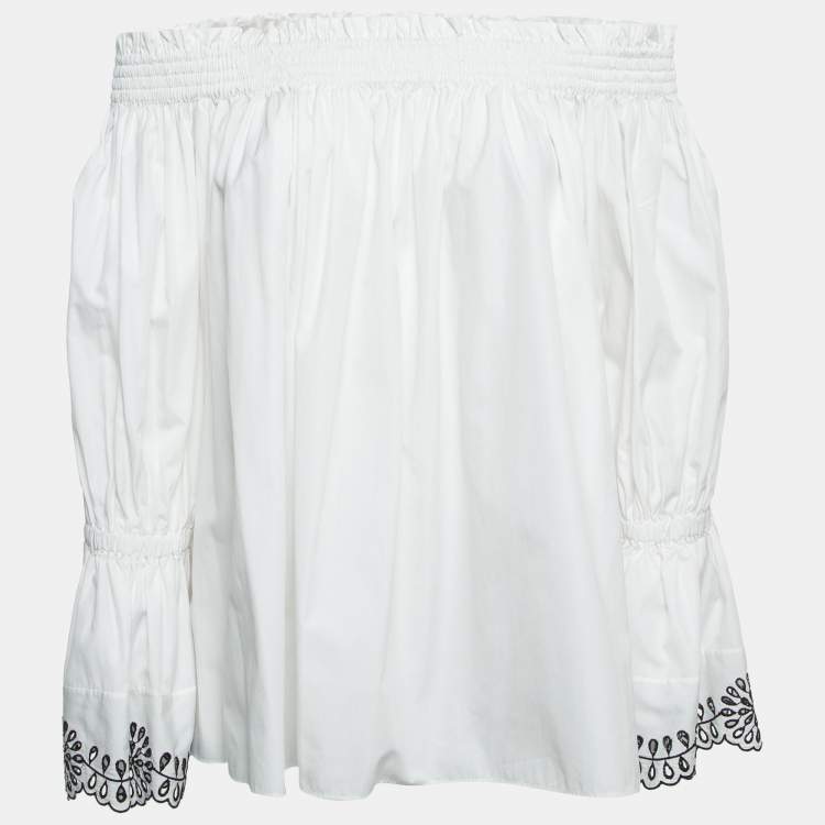 Pre Owned Alexander McQueen White Cotton Off Shoulder Lace Trim Blouse M