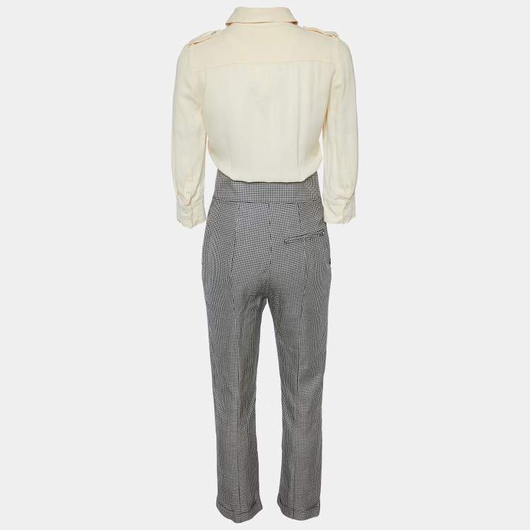 Pre Owned Alexander McQueen Cream Silk & Houndstooth Silk & Wool Jumpsuit S