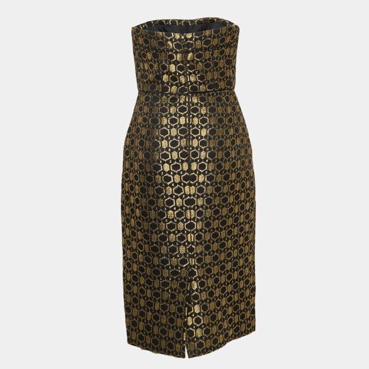 Pre Owned Alexander McQueen Black/Gold Jacquard Strapless Midi Dress M