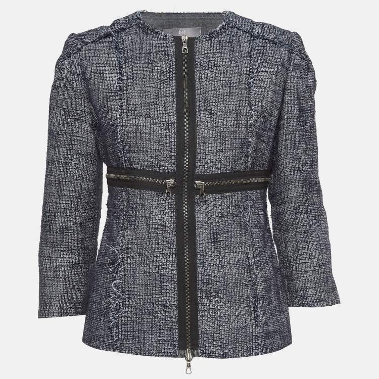 Pre Owned Alexander McQueen Navy Blue Tweed Zip Front Jacket M