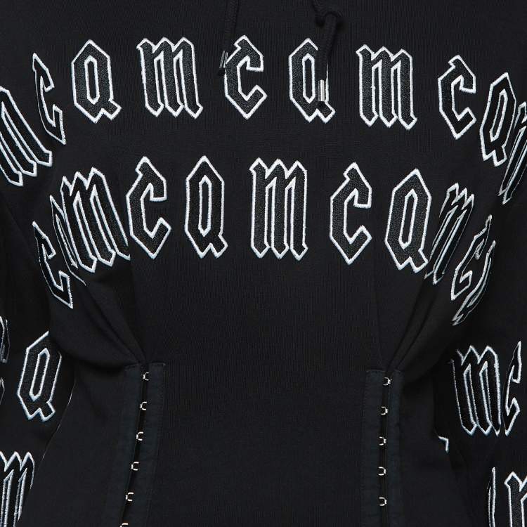 Pre Owned Alexander McQueen Black Repeat Logo Cotton Corset Hoodie Dress XS
