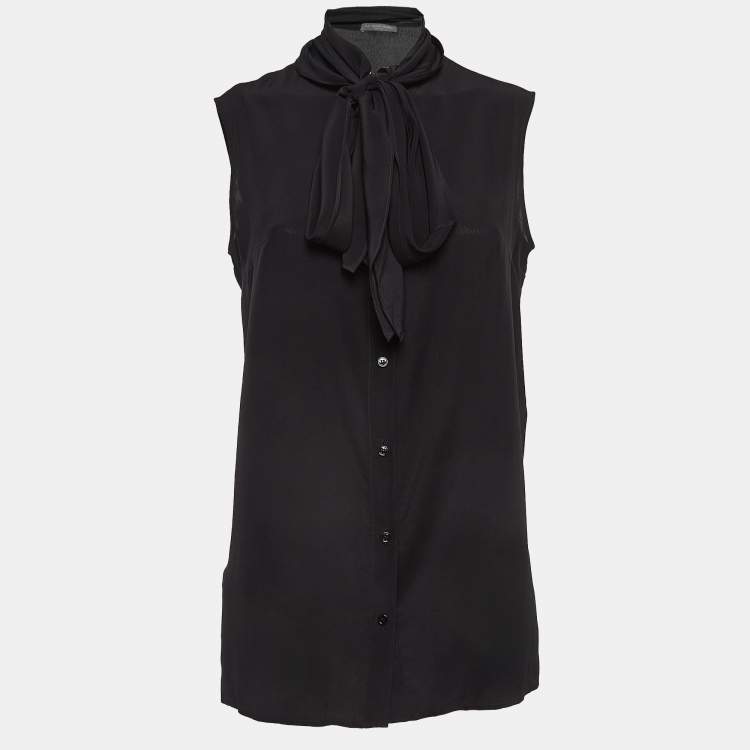 Pre Owned Alexander McQueen Black Silk Buttoned Neck Tie Sleeveless Blouse M