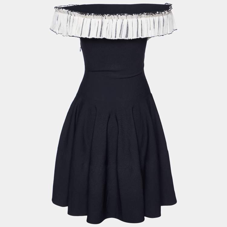 Pre Owned Alexander McQueen Black Knit Ruffle Off-Shoulder Fit & Flare Sweater Dress XS