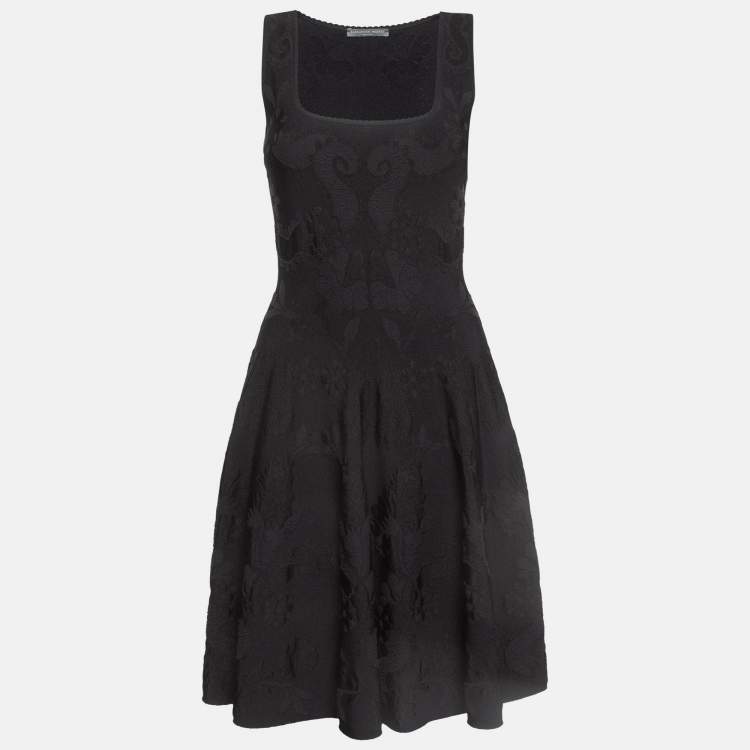 Pre Owned Alexander McQueen Black Embossed Stretch Knit Flared Short Dress XS