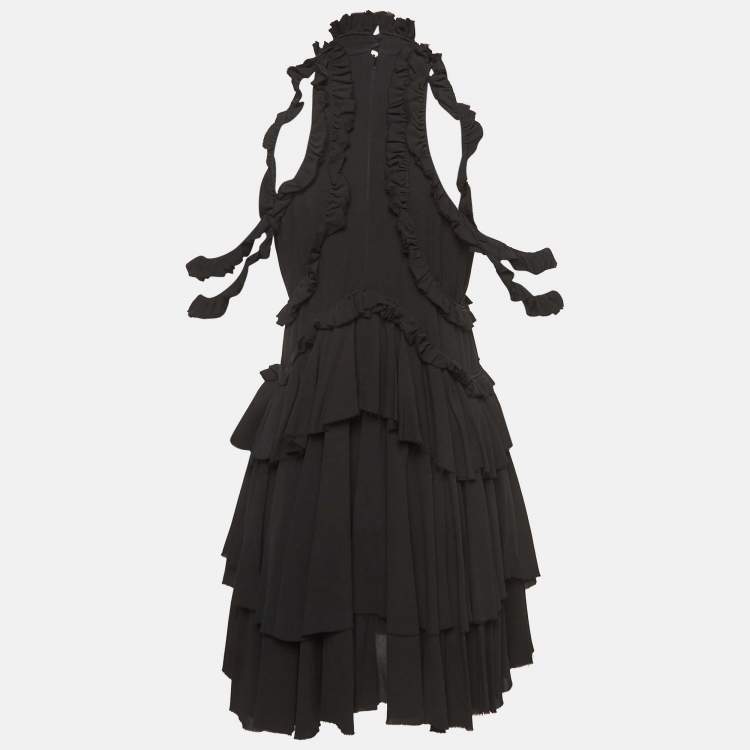 Pre Owned Alexander McQueen Black Silk Ruffled Mini Dress M