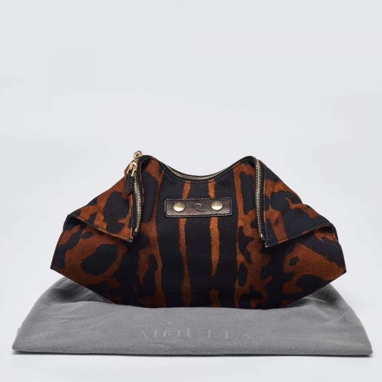 Pre Owned Alexander McQueen Black/Brown Leopard Print Canvas and Leather Medium De Manta Clutch