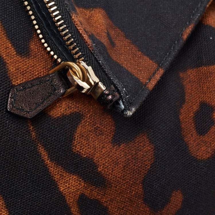 Pre Owned Alexander McQueen Black/Brown Leopard Print Canvas and Leather Medium De Manta Clutch