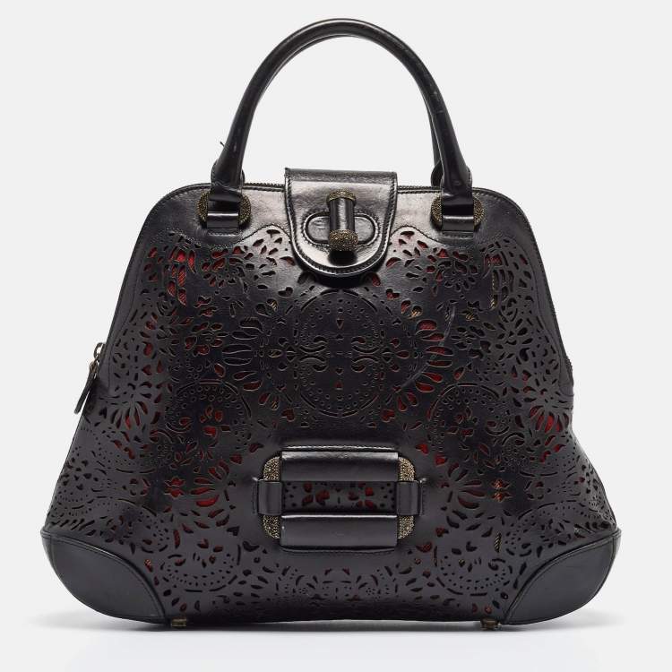 Pre Owned Alexander McQueen Black Laser Cut Leather Novak Satchel