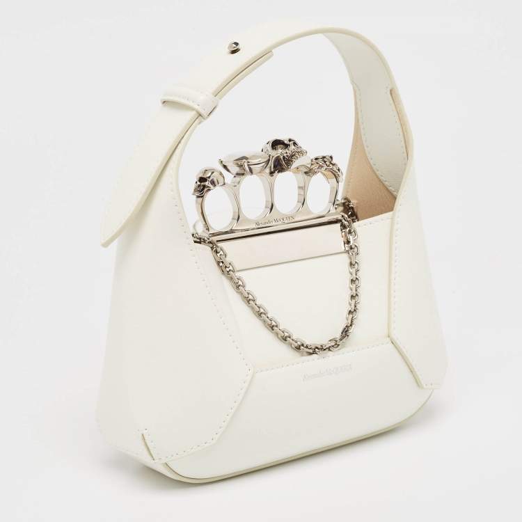 Pre Owned Alexander McQueen White Leather Mini Jewelled Hobo 