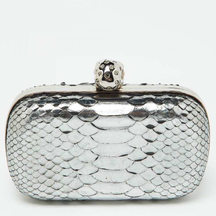 Pre Owned Alexander McQueen Silver Python Skull Box Clutch
