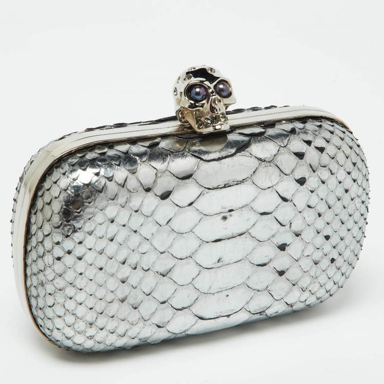 Pre Owned Alexander McQueen Silver Python Skull Box Clutch