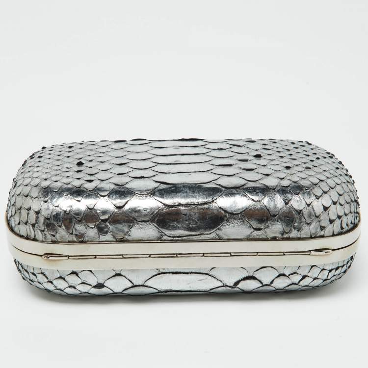 Pre Owned Alexander McQueen Silver Python Skull Box Clutch