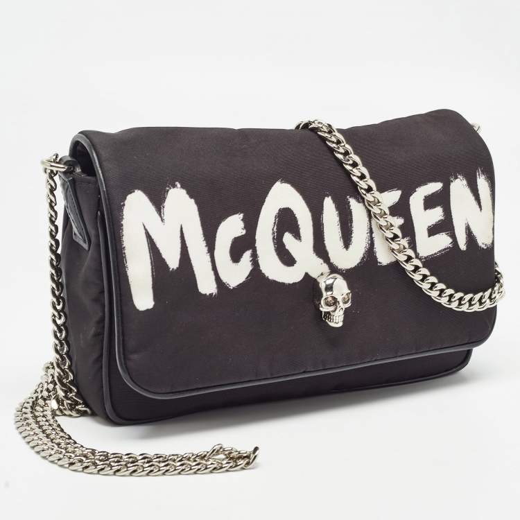 Pre Owned Alexander McQueen Black Graffiti Nylon Skull Crystals Shoulder Bag