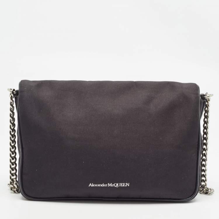 Pre Owned Alexander McQueen Black Graffiti Nylon Skull Crystals Shoulder Bag
