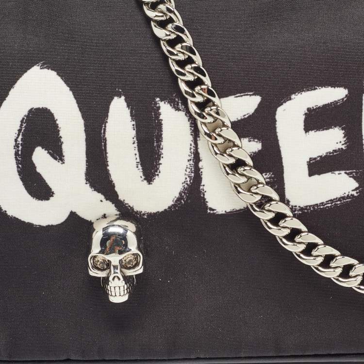 Pre Owned Alexander McQueen Black Graffiti Nylon Skull Crystals Shoulder Bag