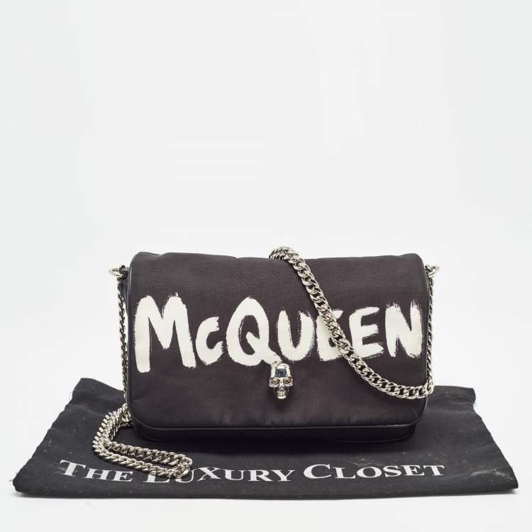 Pre Owned Alexander McQueen Black Graffiti Nylon Skull Crystals Shoulder Bag