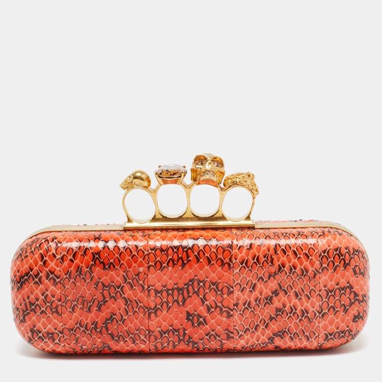 Pre Owned Alexander McQueen Orange/Black Watersnake Leather Skull Knuckle Box Clutch