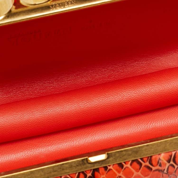 Pre Owned Alexander McQueen Orange/Black Watersnake Leather Skull Knuckle Box Clutch