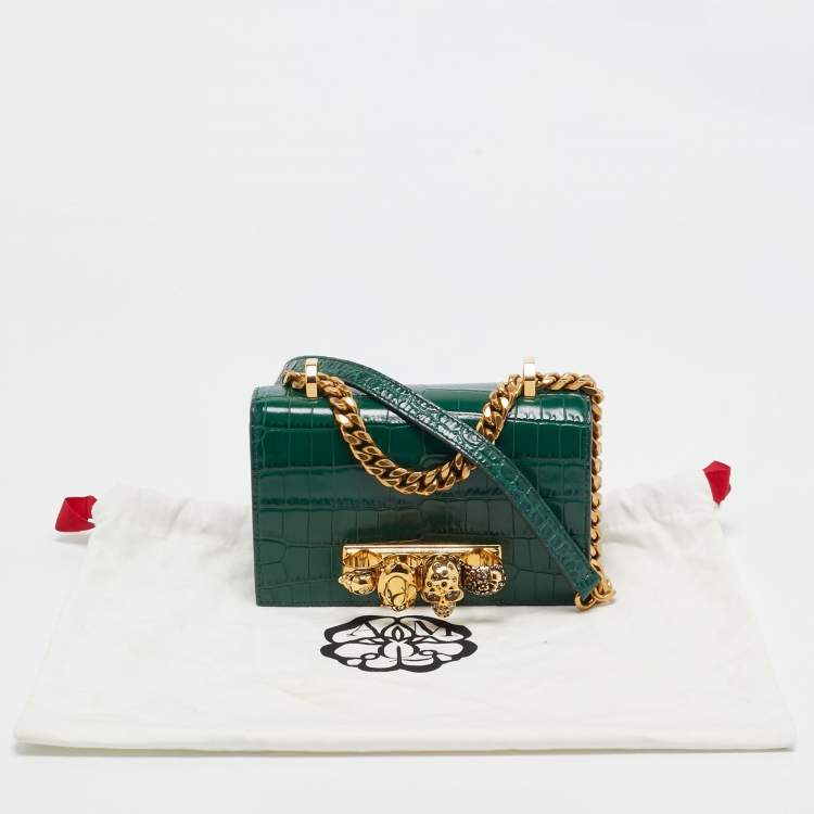 Pre Owned Alexander McQueen Green Croc Embossed Leather Skull Ring Shoulder Bag