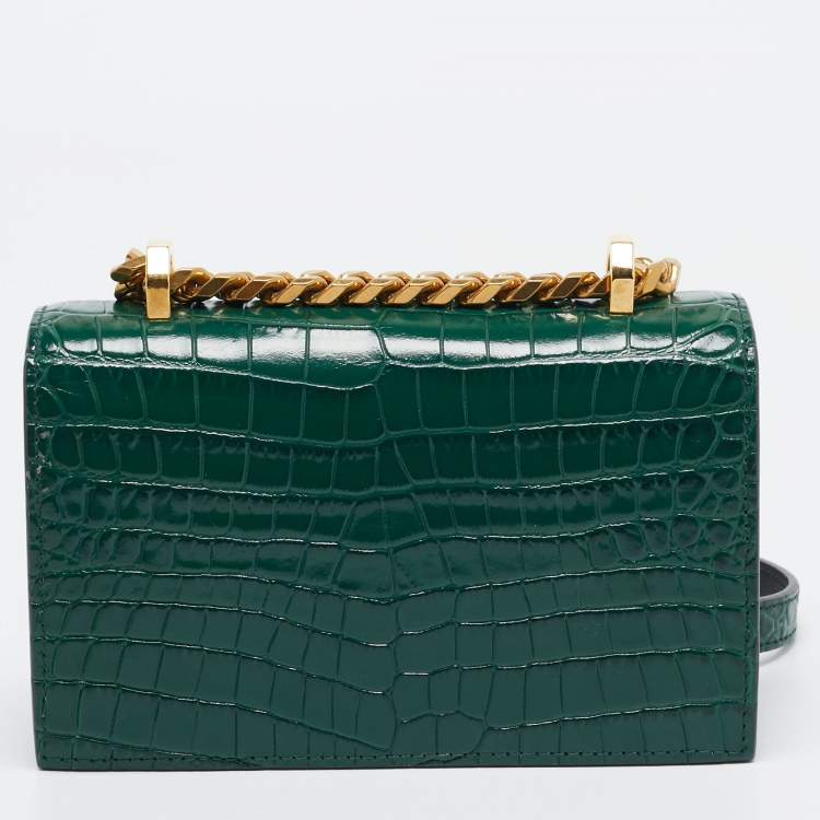 Pre Owned Alexander McQueen Green Croc Embossed Leather Skull Ring Shoulder Bag