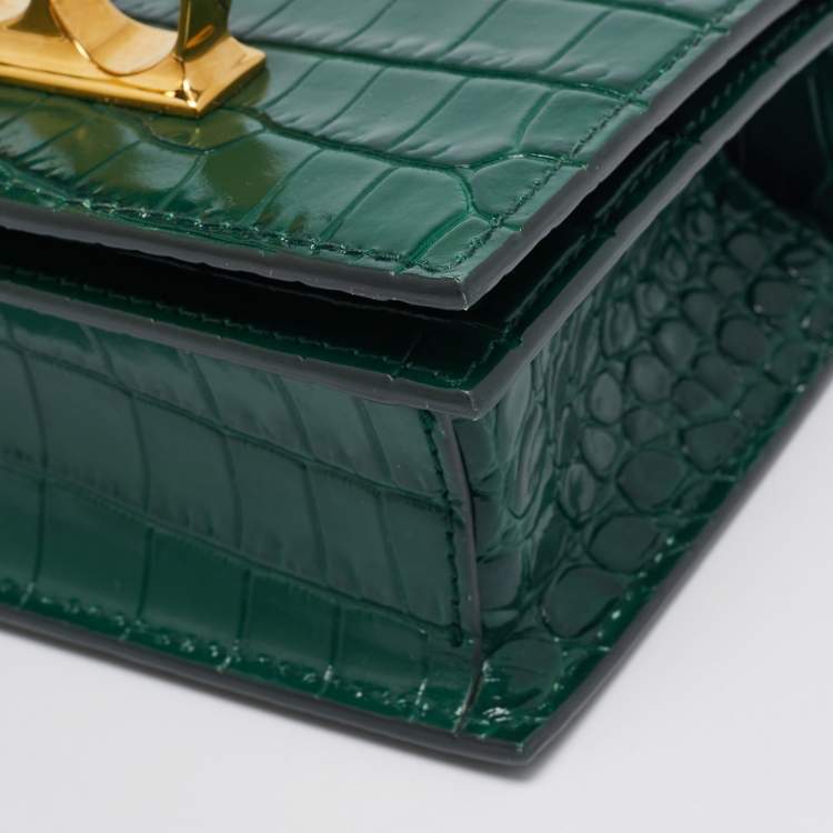 Pre Owned Alexander McQueen Green Croc Embossed Leather Skull Ring Shoulder Bag