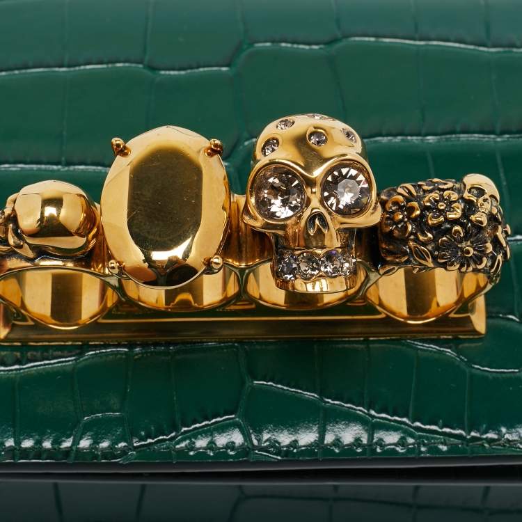 Pre Owned Alexander McQueen Green Croc Embossed Leather Skull Ring Shoulder Bag