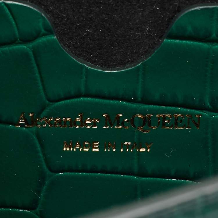 Pre Owned Alexander McQueen Green Croc Embossed Leather Skull Ring Shoulder Bag