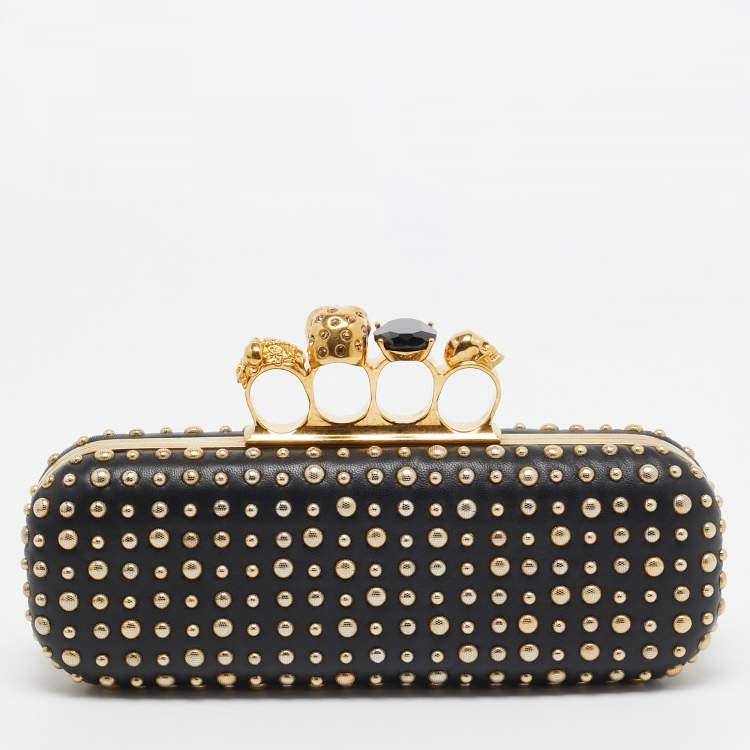 Pre Owned Alexander McQueen Black Studded Leather Skull Knuckle Box Clutch