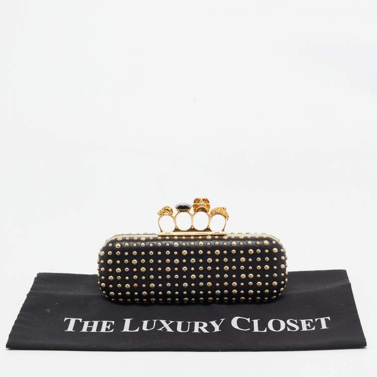 Pre Owned Alexander McQueen Black Studded Leather Skull Knuckle Box Clutch