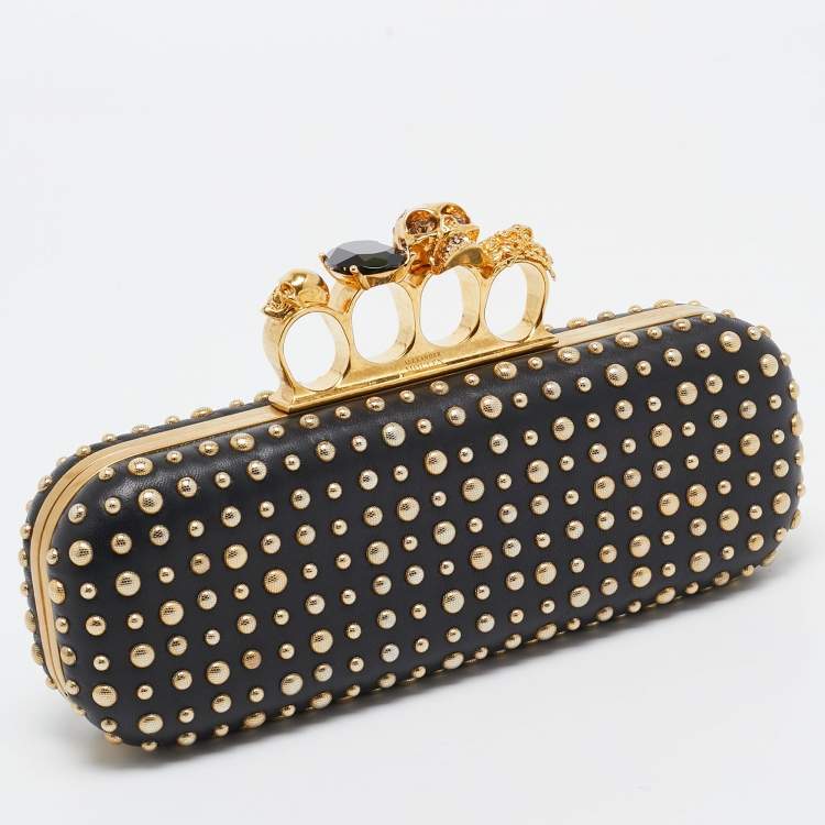 Pre Owned Alexander McQueen Black Studded Leather Skull Knuckle Box Clutch