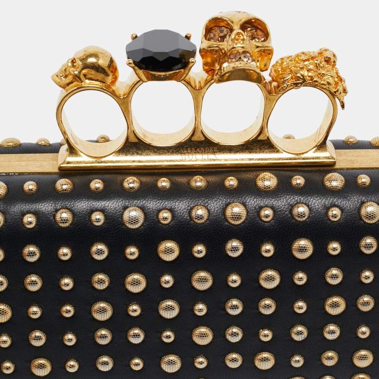 Pre Owned Alexander McQueen Black Studded Leather Skull Knuckle Box Clutch