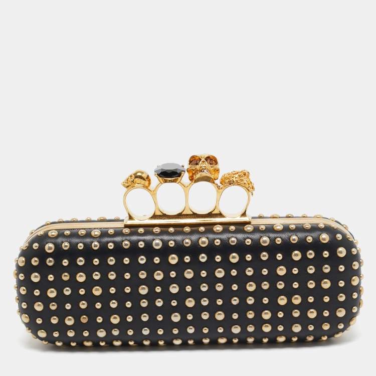 Pre Owned Alexander McQueen Black Studded Leather Skull Knuckle Box Clutch