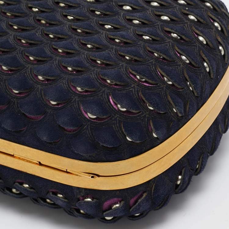 Pre Owned Alexander McQueen Navy Blue Textured Suede Studded Skull Clutch