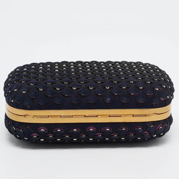Pre Owned Alexander McQueen Navy Blue Textured Suede Studded Skull Clutch