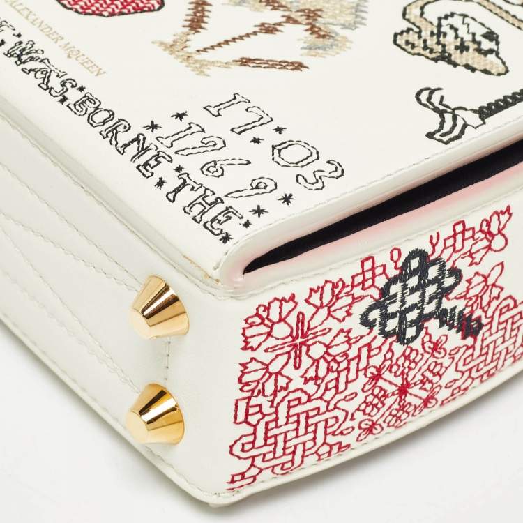 Pre Owned Alexander McQueen White/Multicolor Embroidered Leather Box 16 Shoulder Bag